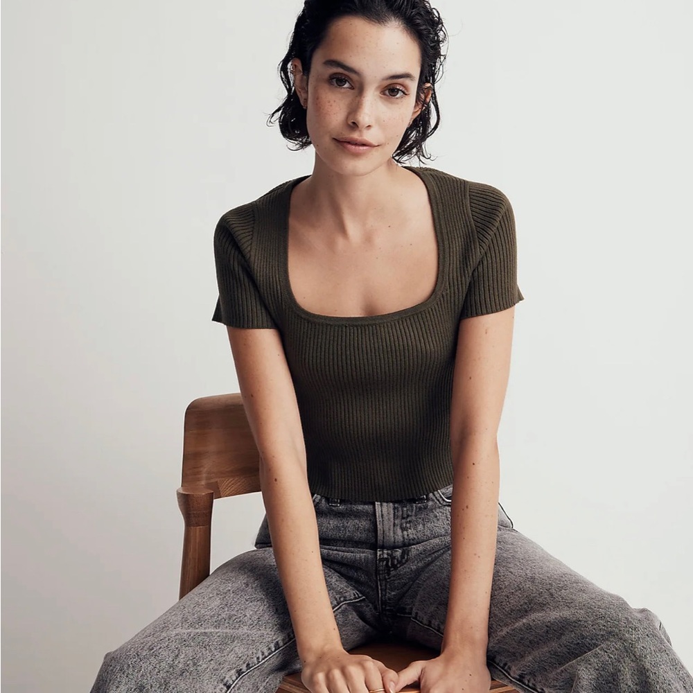 Madewell Square-Neck Crop Sweater Tee Ribbed Kale Olive Green Size Small